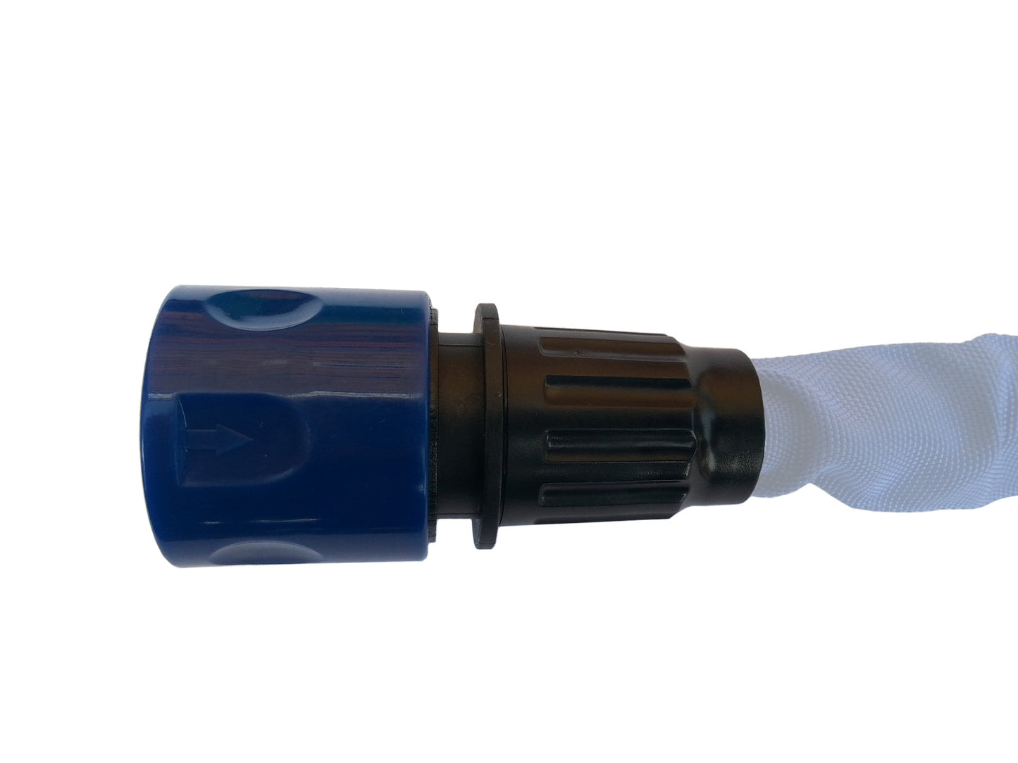 Blue expanding hose connector with black ribbed insert for hose end