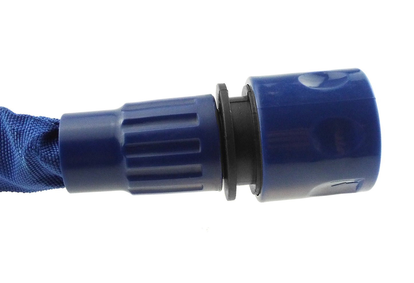 Blue expanding hose connector with grey hose ferrule and black ribbed sleeve