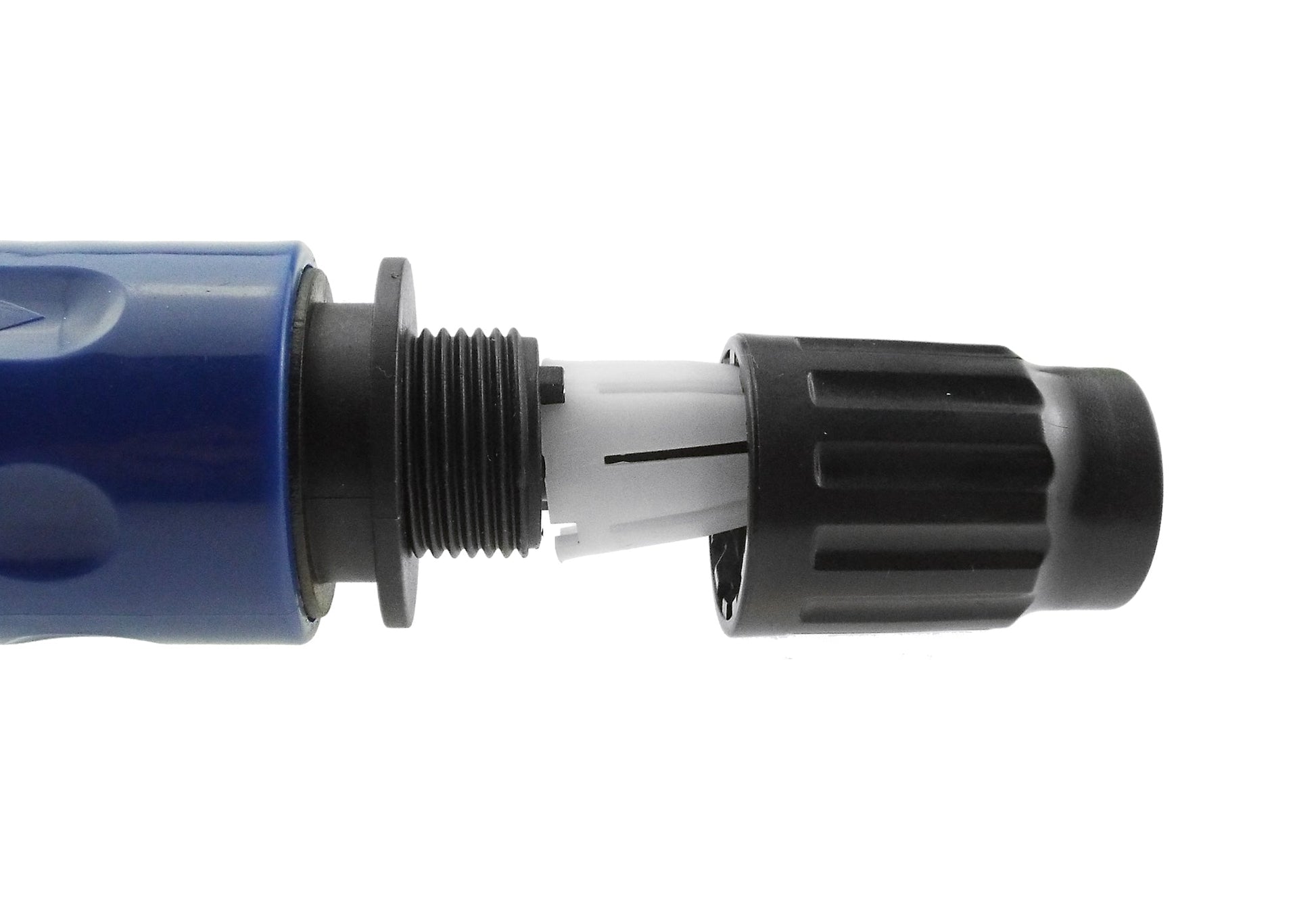 Blue hose connector with black threaded section and white internal insert