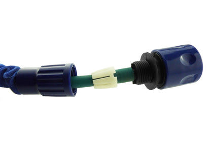 Blue expanding hose connector with green insert and black threaded coupling