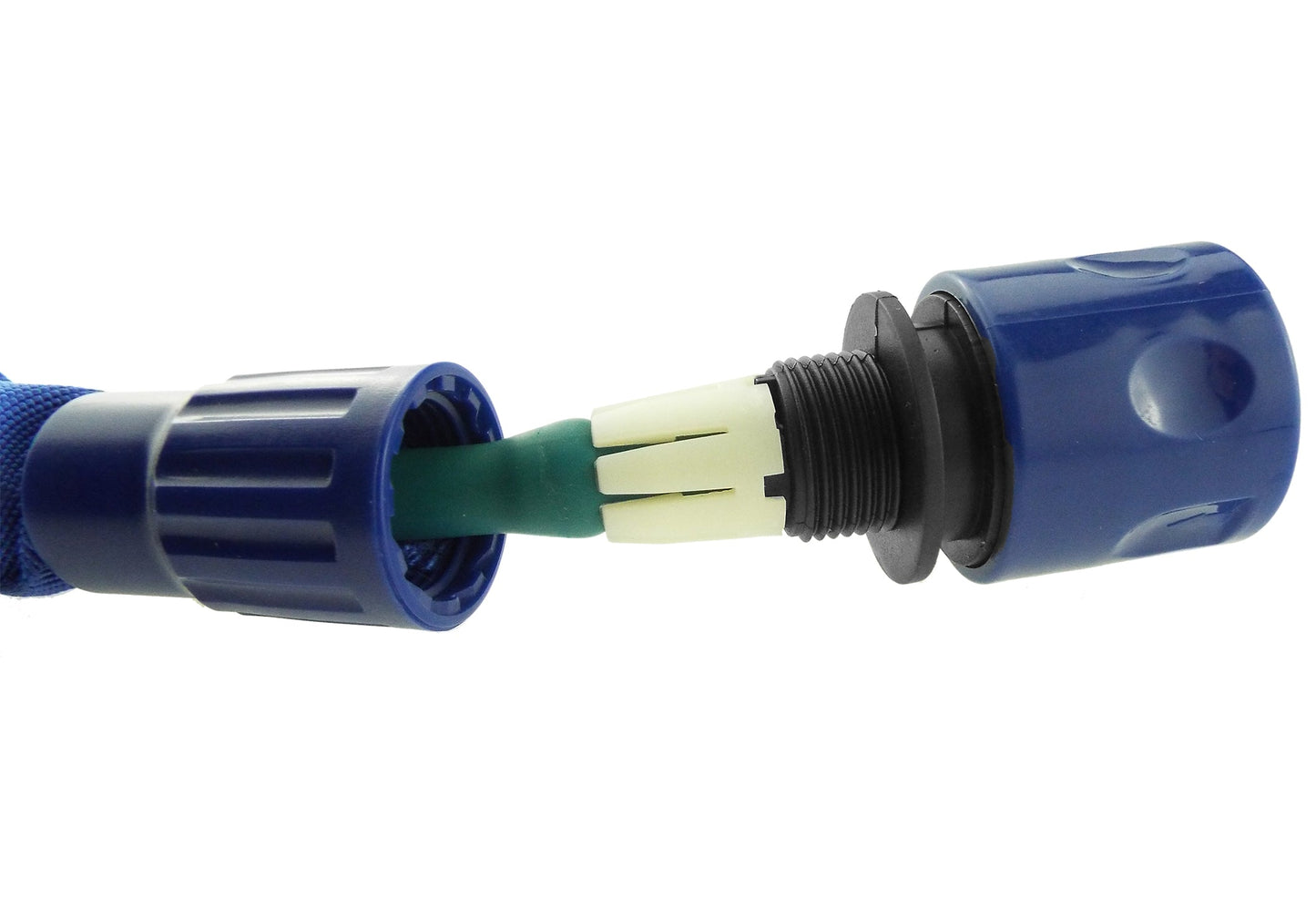 Blue hose connector showing internal expanding insert and threaded black coupling
