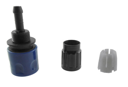 Blue expanding hose connector parts: base, sleeve, and internal insert