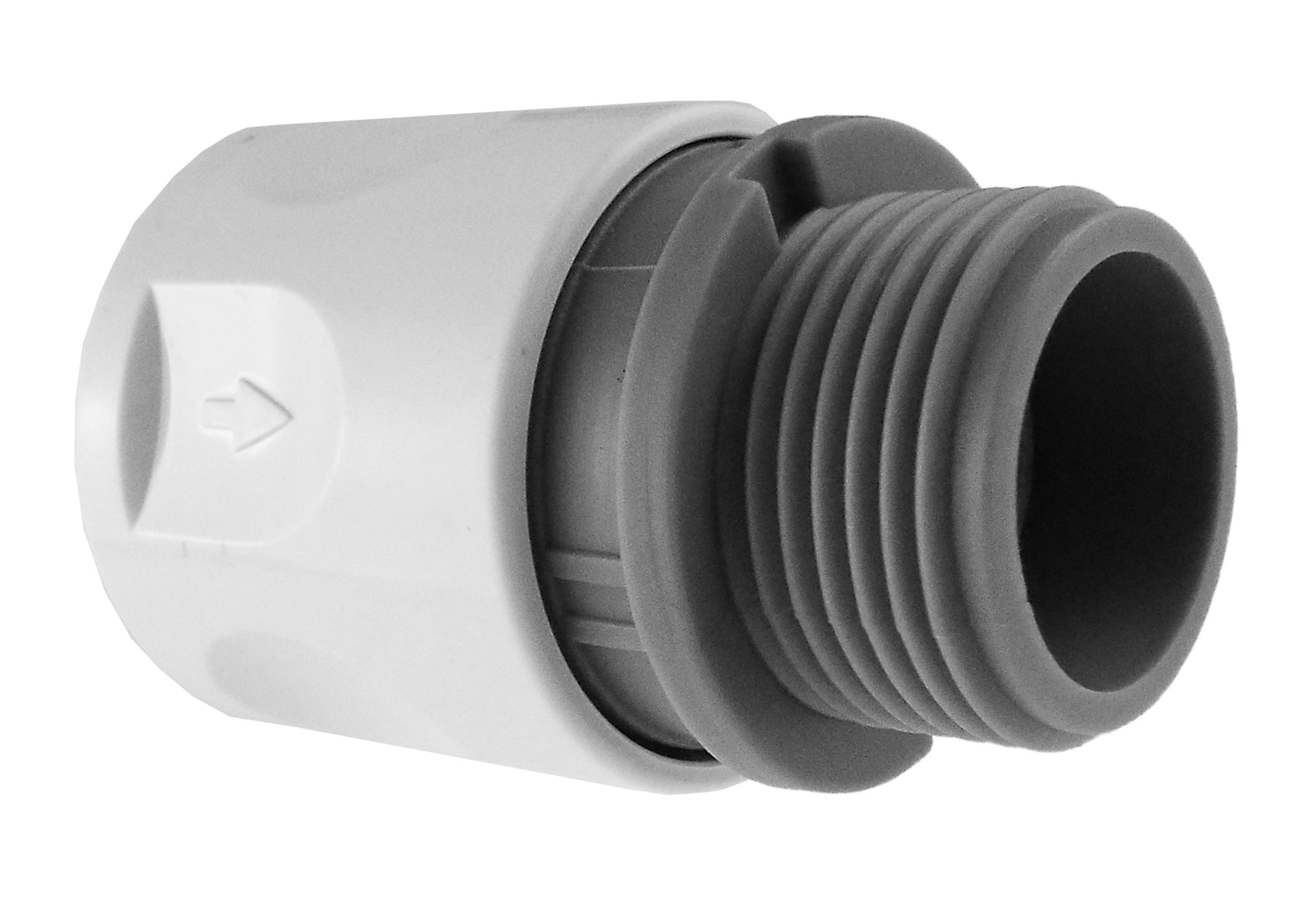 IBC 2" S60x6 cap hose connector, 3/4" BSP threaded, three-way, white/grey