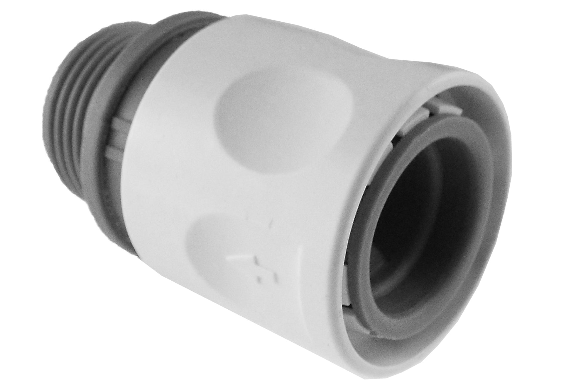White threaded male connector with ridged grip and circular outlet opening
