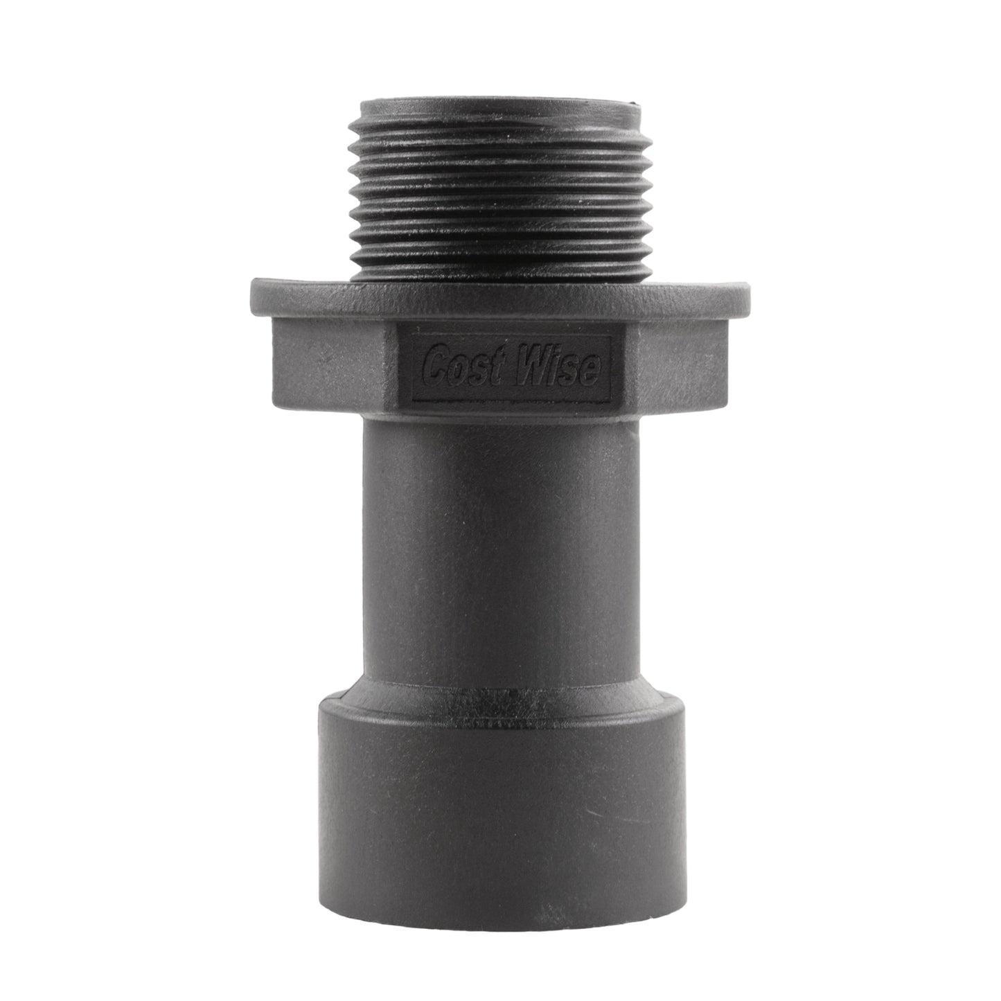 Water butt extension 3/4" BSPM-F: black plastic threaded connector, grey locking collar