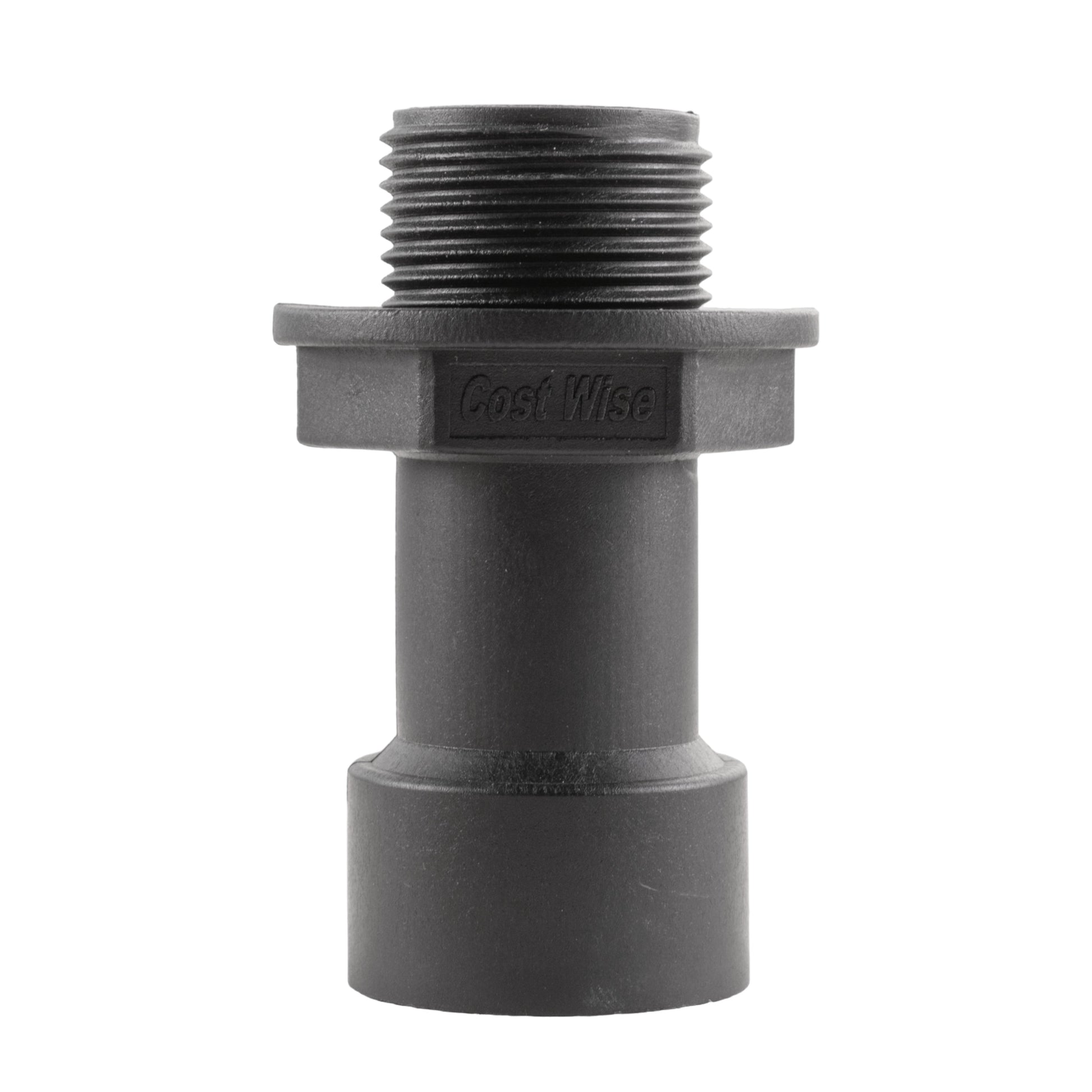 Water butt extension 3/4" BSPM-F: black plastic threaded connector, grey locking collar