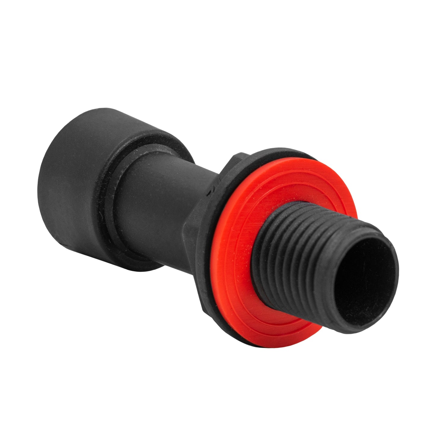 Water butt extension: black connector with red ring and threaded outlet end