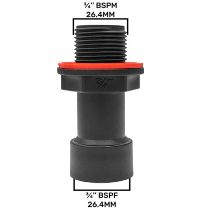 Water butt extension 3/4" BSPM/F, 26.4mm marking, red seal ring on black fitting