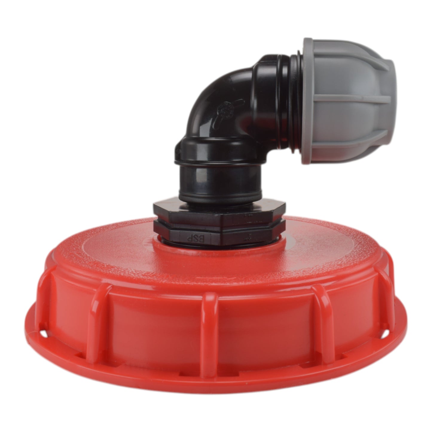 IBC 6-inch cap kit: red cap with black 25mm MDPE elbow connector