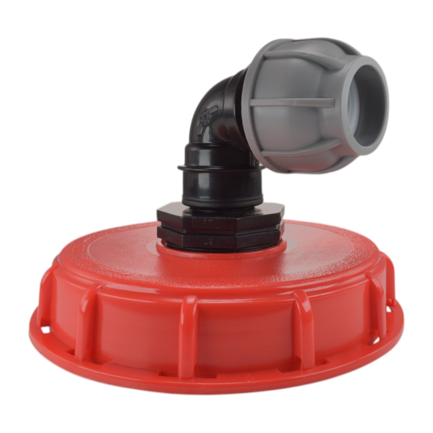 IBC 6-inch cap kit: red base, black elbow with gray 25mm outlet fitting
