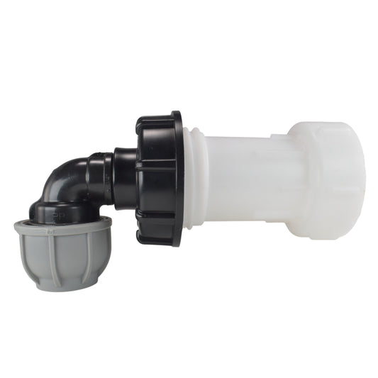 IBC Extender mit 2” S60X6 Cap und 32mm MDPE Ellbogen, schwarz/weiss mit grauem Einsatz