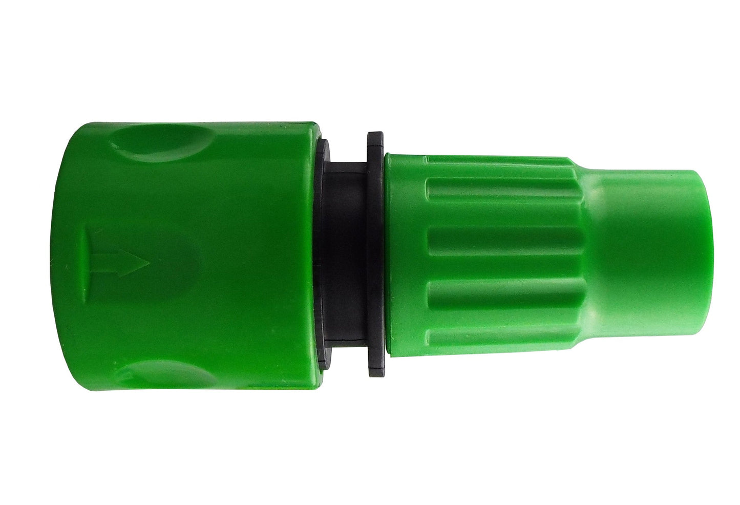 Green expanding garden hose connector with black ring and ridged end sleeve