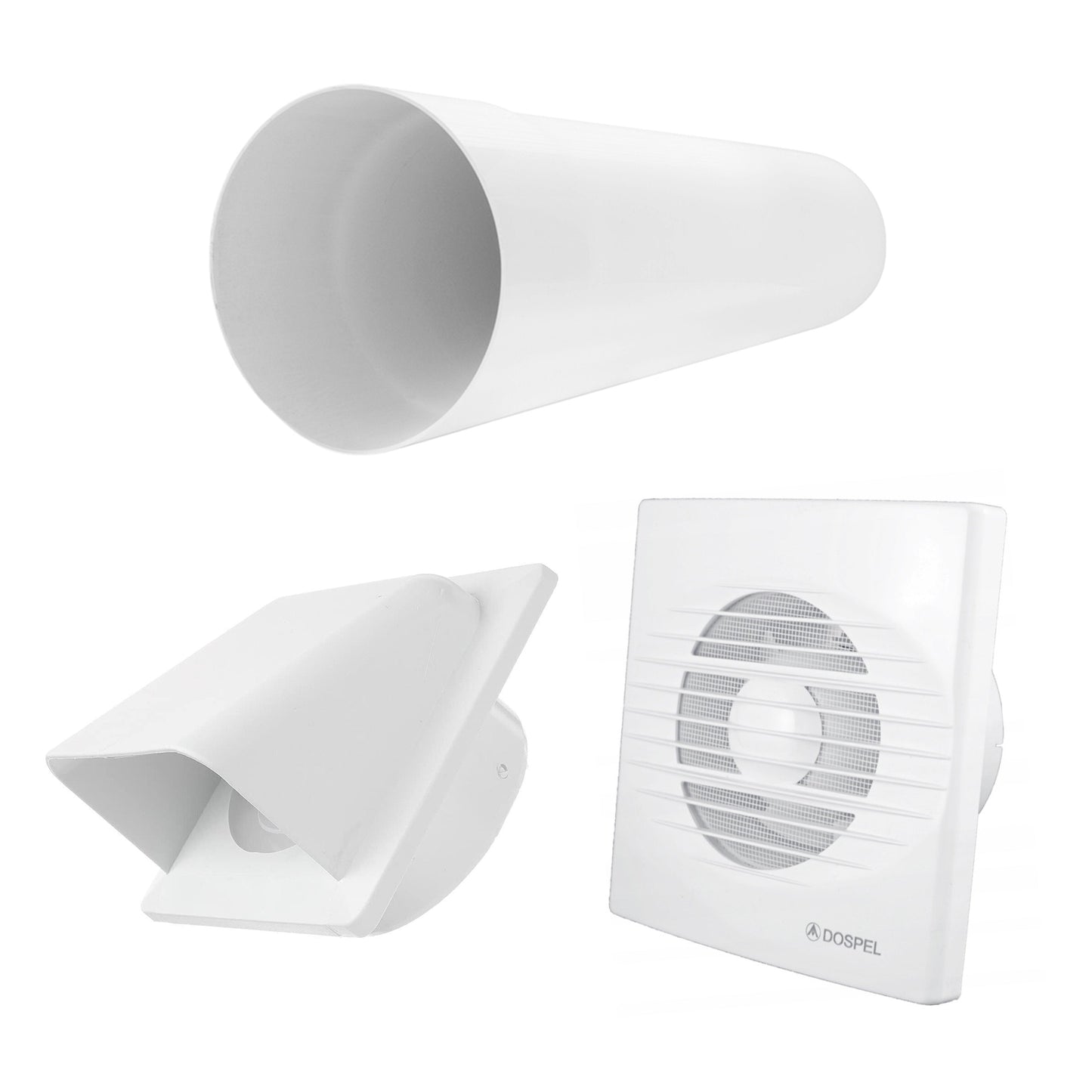 White external wall vent with duct tube and front fan grille