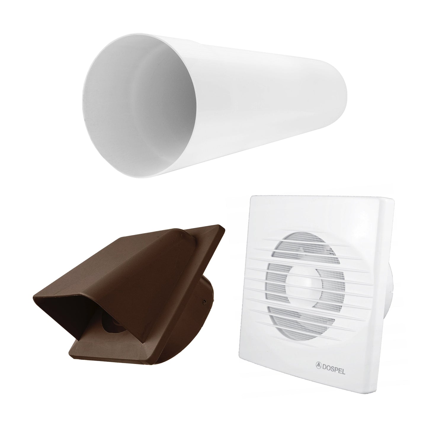 Ventilation fan duct with white grille unit and brown exterior outlet hood