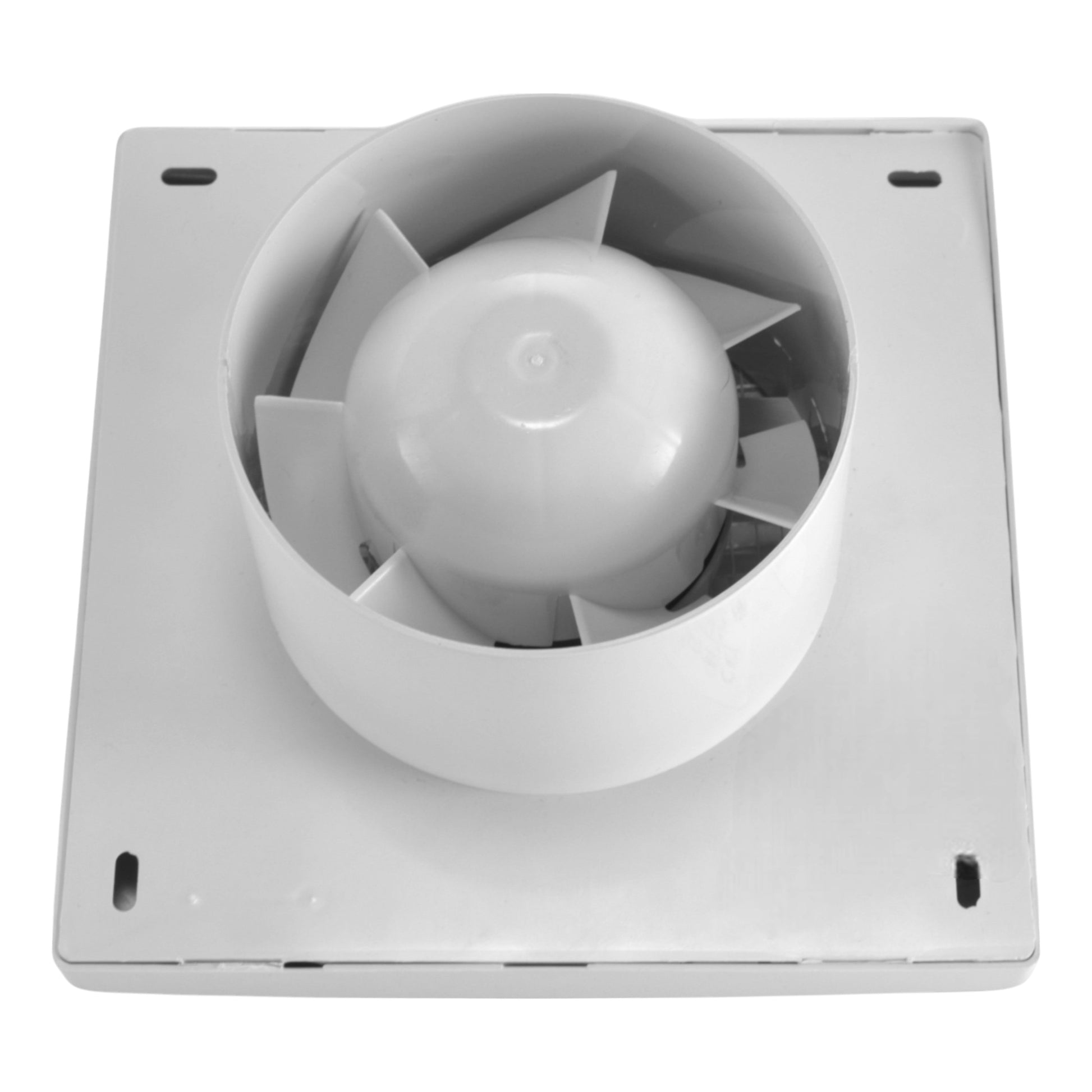 Square wall fan vent with front grille and central impeller, top view
