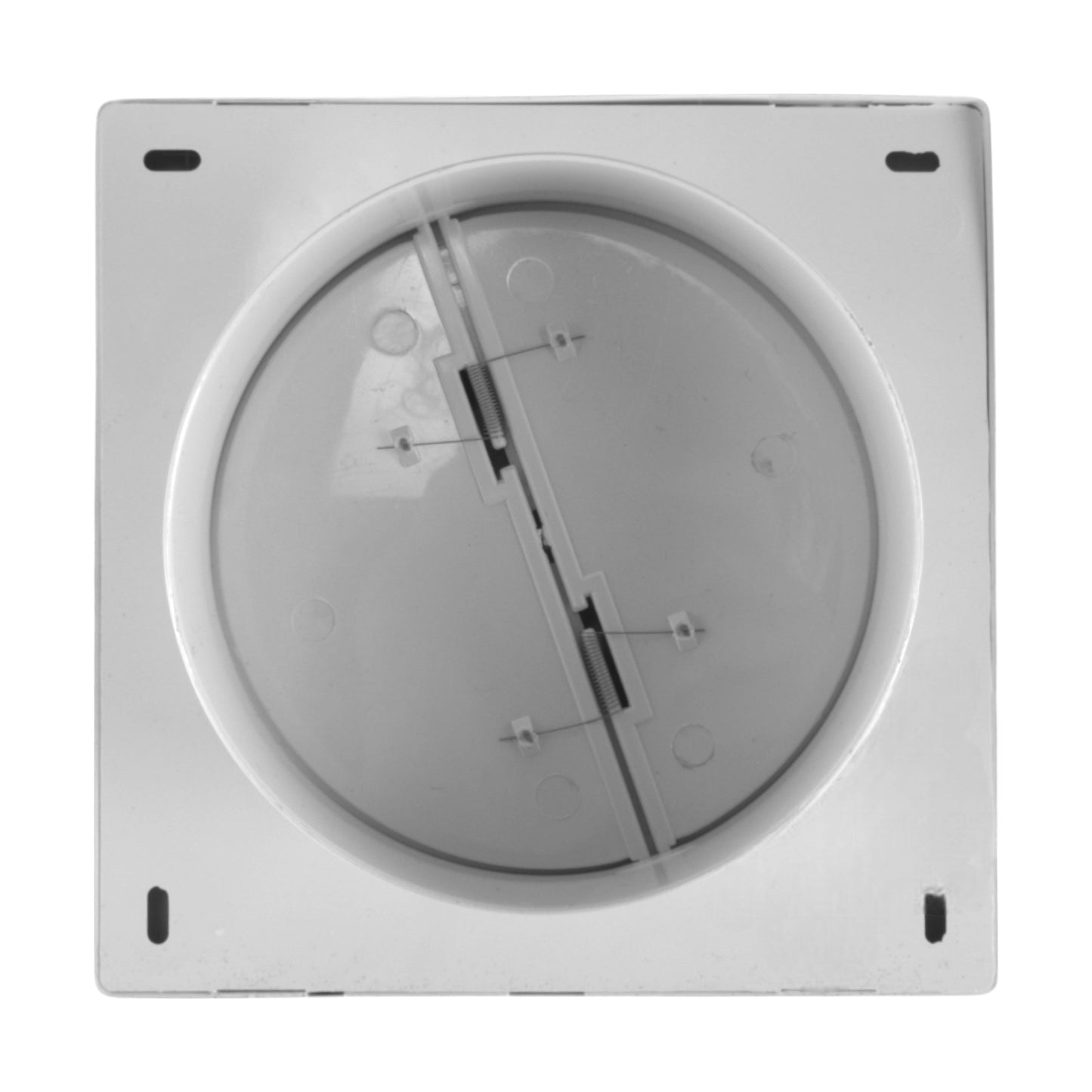 Through-wall fan interior view with circular fan housing and control frame