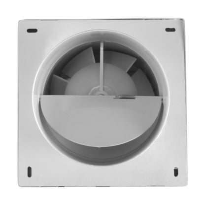 Square front panel fan view with central circular impeller and baffles