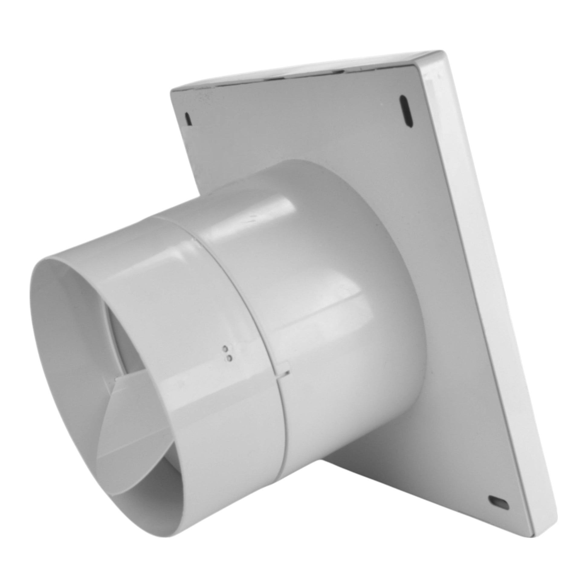 Through-wall ventilation fan with circular duct outlet and mounting plate, angled