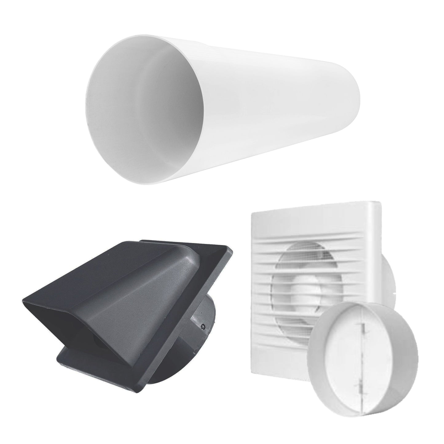 Wall ventilation vent kit with white duct pipe and dark exterior cover