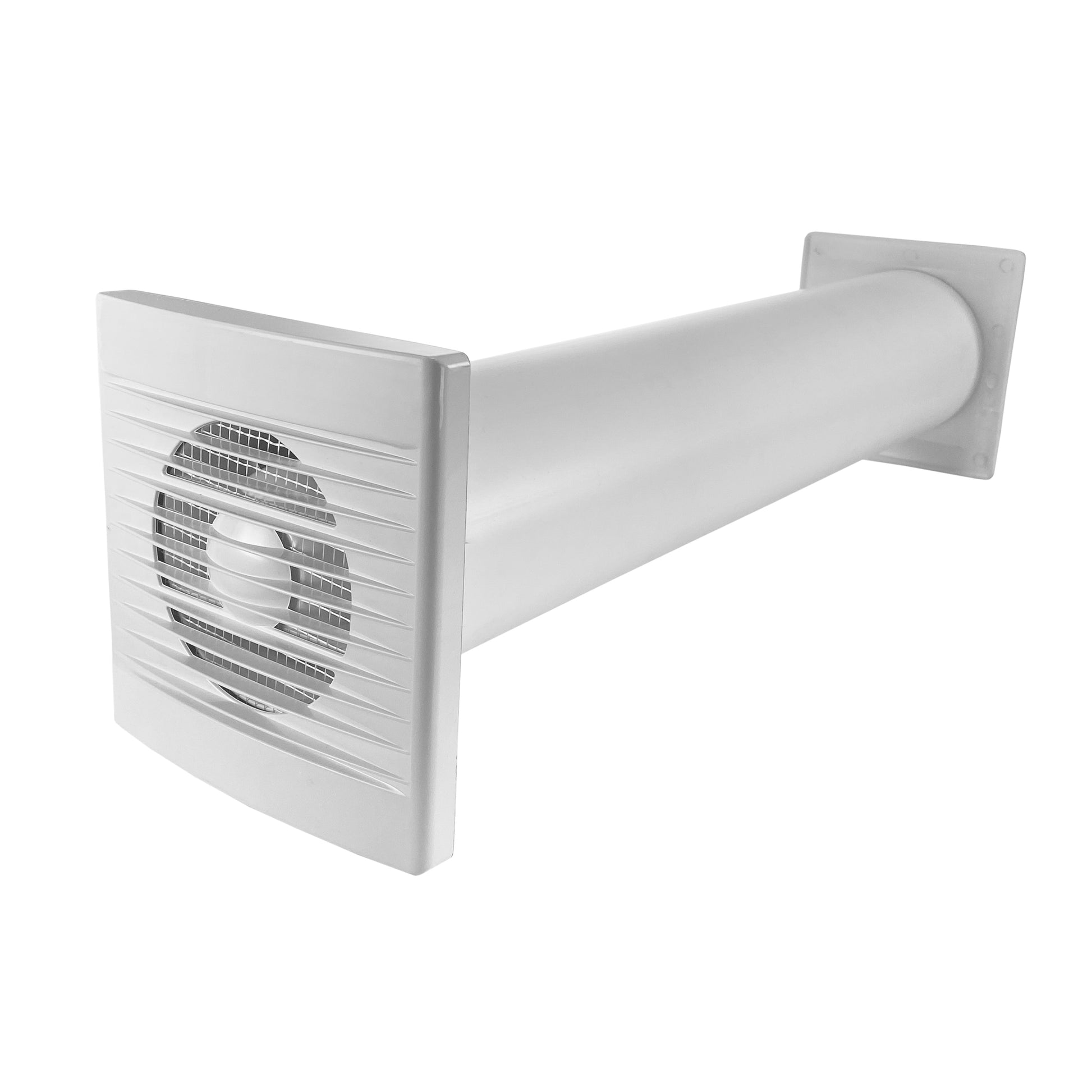 Through Wall Ventilation Kit white fan grille showing blades through the front louvres