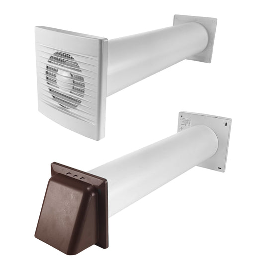 Through-wall ventilation fan duct kit with timer, white fan unit and brown external vent