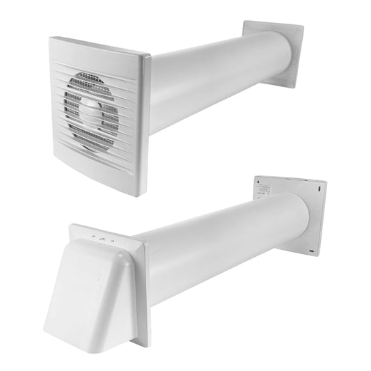 White through-wall ventilation fan kit with external vent hood and grille