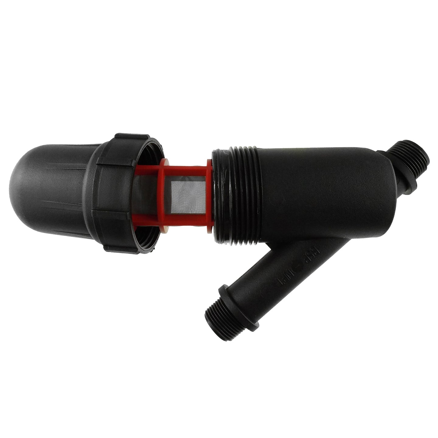 3/4" BSPM-M Wasserfilter, schwarzes Gehäuse mit rotem Siebeinsatz und Gewindeanschlüssen