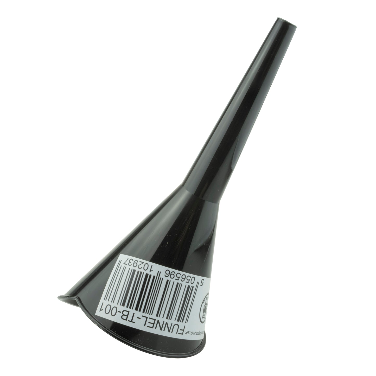 Black angle-top funnel with barcode label on the narrow end