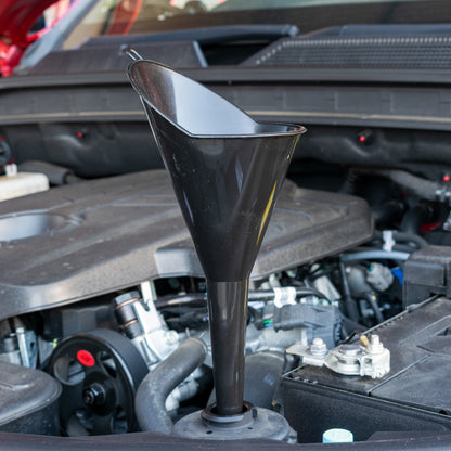 Black angle-top funnel with wide opening and long tapered spout