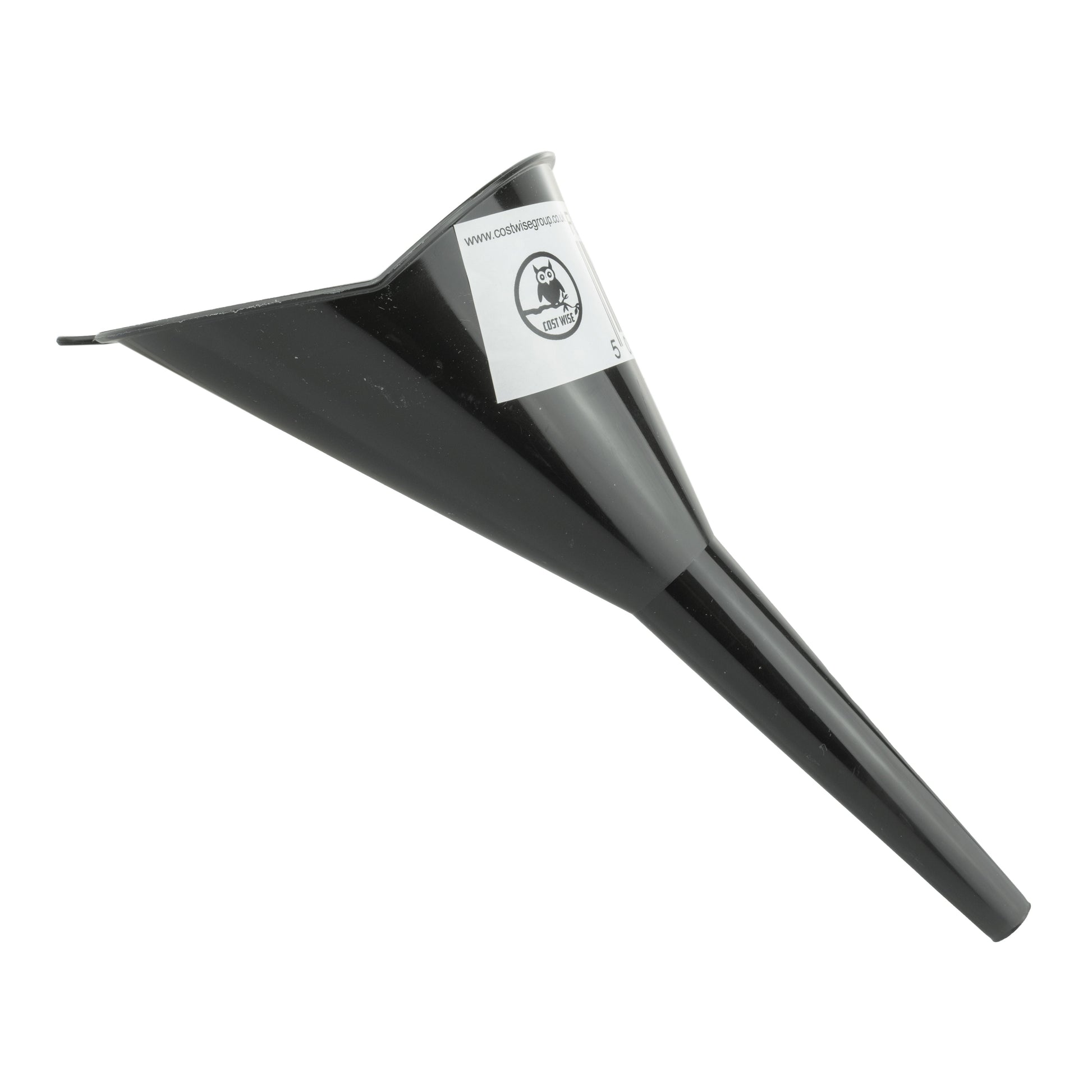 Black angle-top funnel, side view with tapered pouring spout