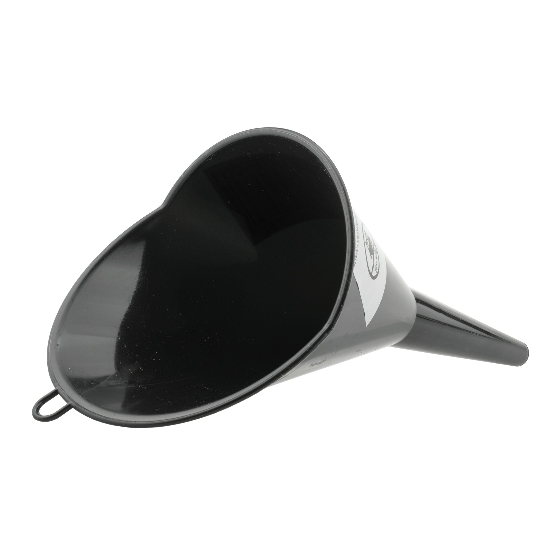 Black funnel with wide mouth and side handle loop for holding