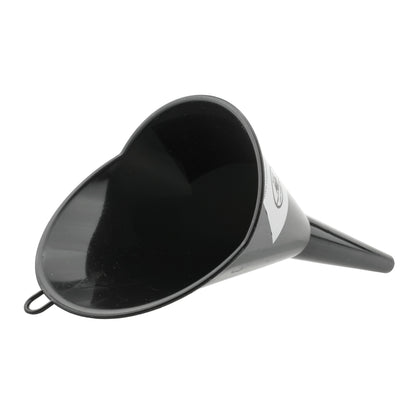 Black funnel with wide mouth and side handle loop for holding