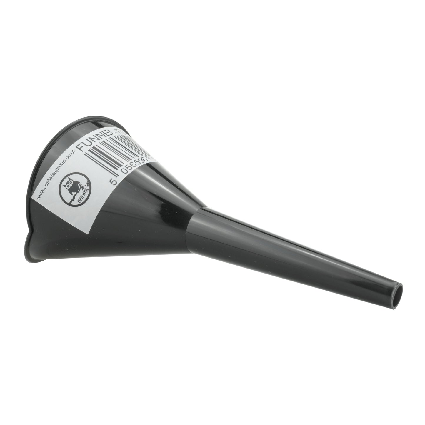 Black funnel with angled top and long spout; brand label near the rim
