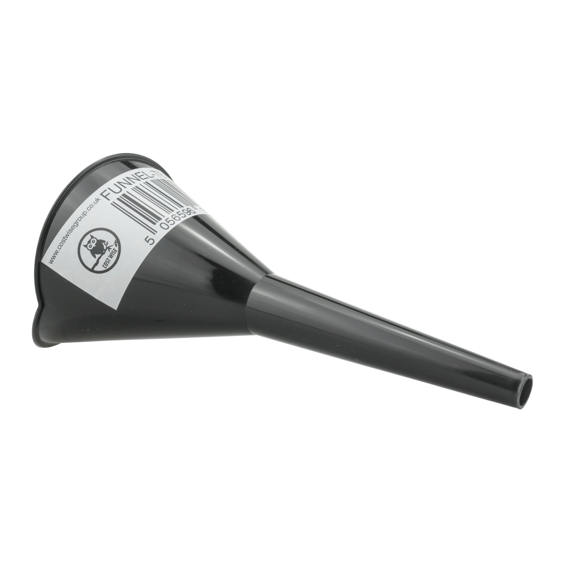 Black funnel with angled top and long spout; brand label near the rim
