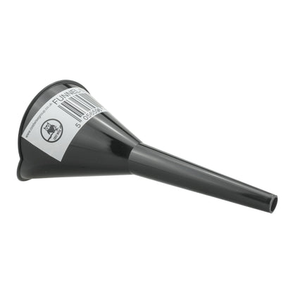 Black funnel with angled top and long spout; brand label near the rim