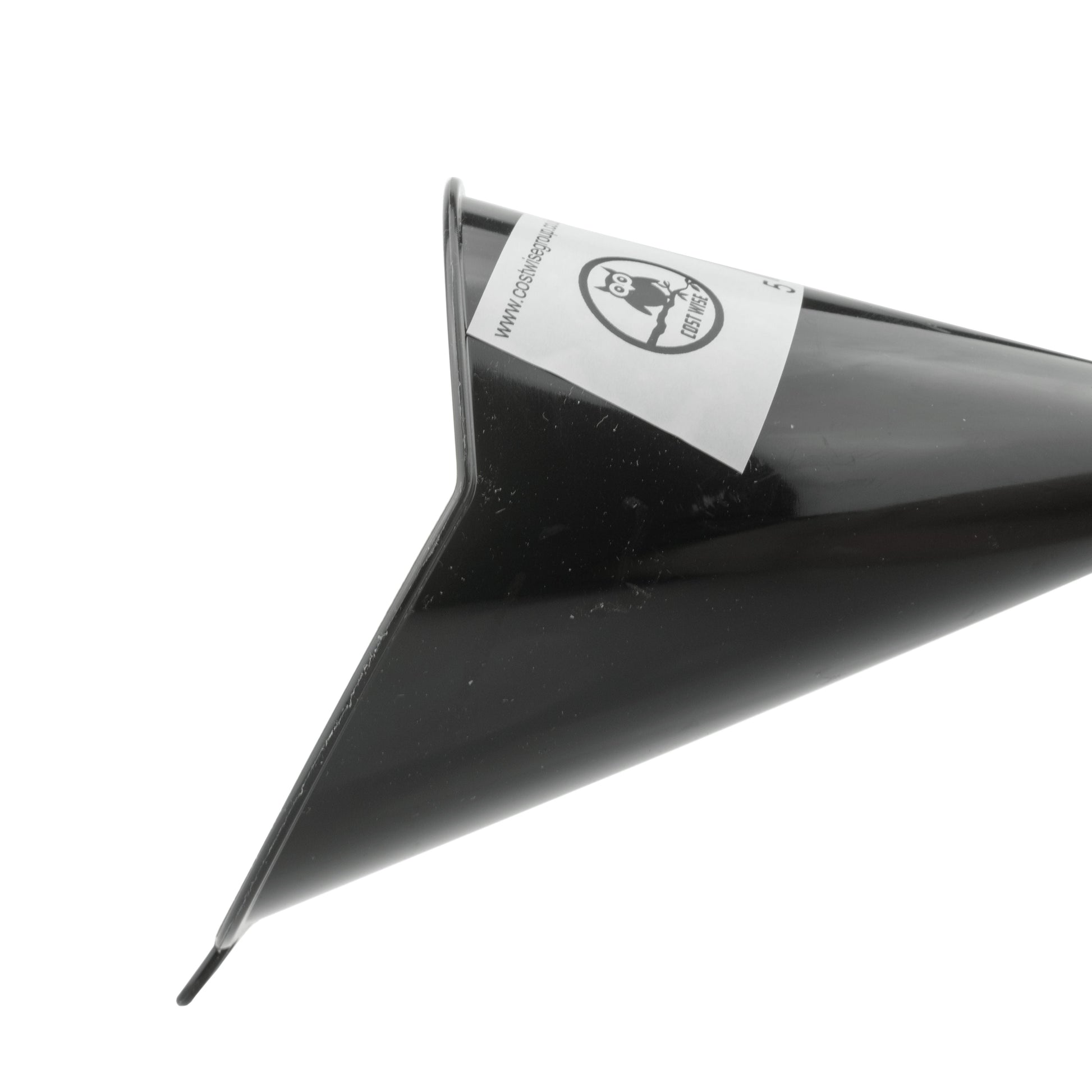 Black angle-top funnel with tapered nozzle and label band near the top