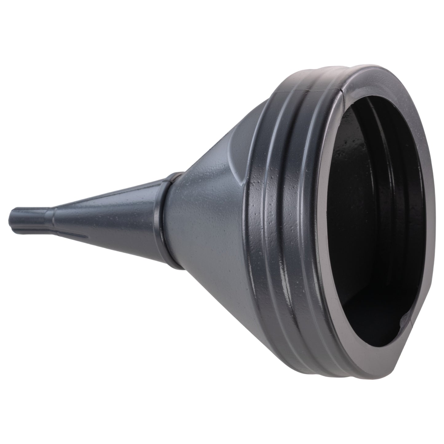 Large straight fuel funnel 21cm, angled view of spout and rim