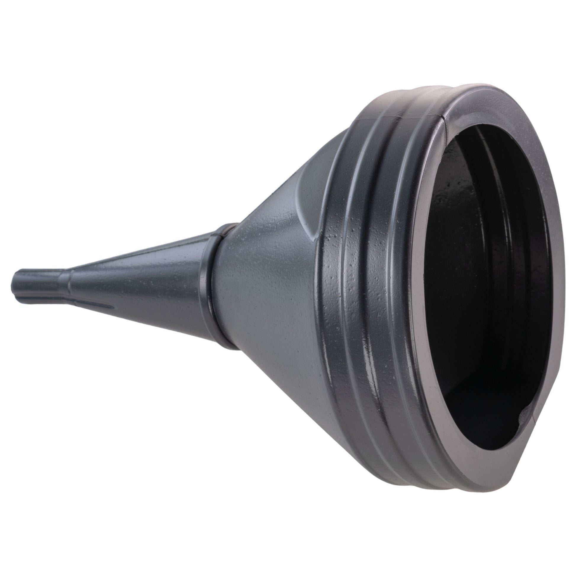 Large straight fuel funnel 21cm, angled view of spout and rim
