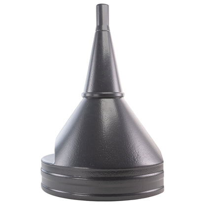 Large straight fuel funnel 21cm, dark metal with top spout and base rim