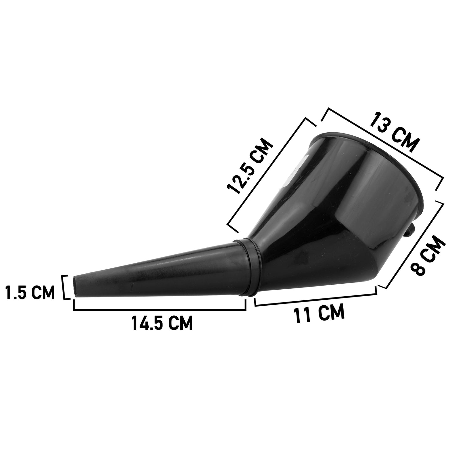 Black angled fuel funnel with filter, 13 cm height; 14.5 cm length