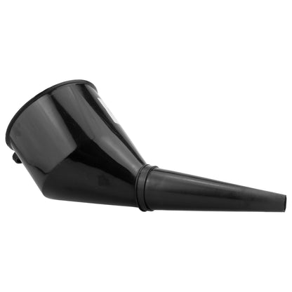 Black fuel funnel with filter, tilted funnel neck and extended spout