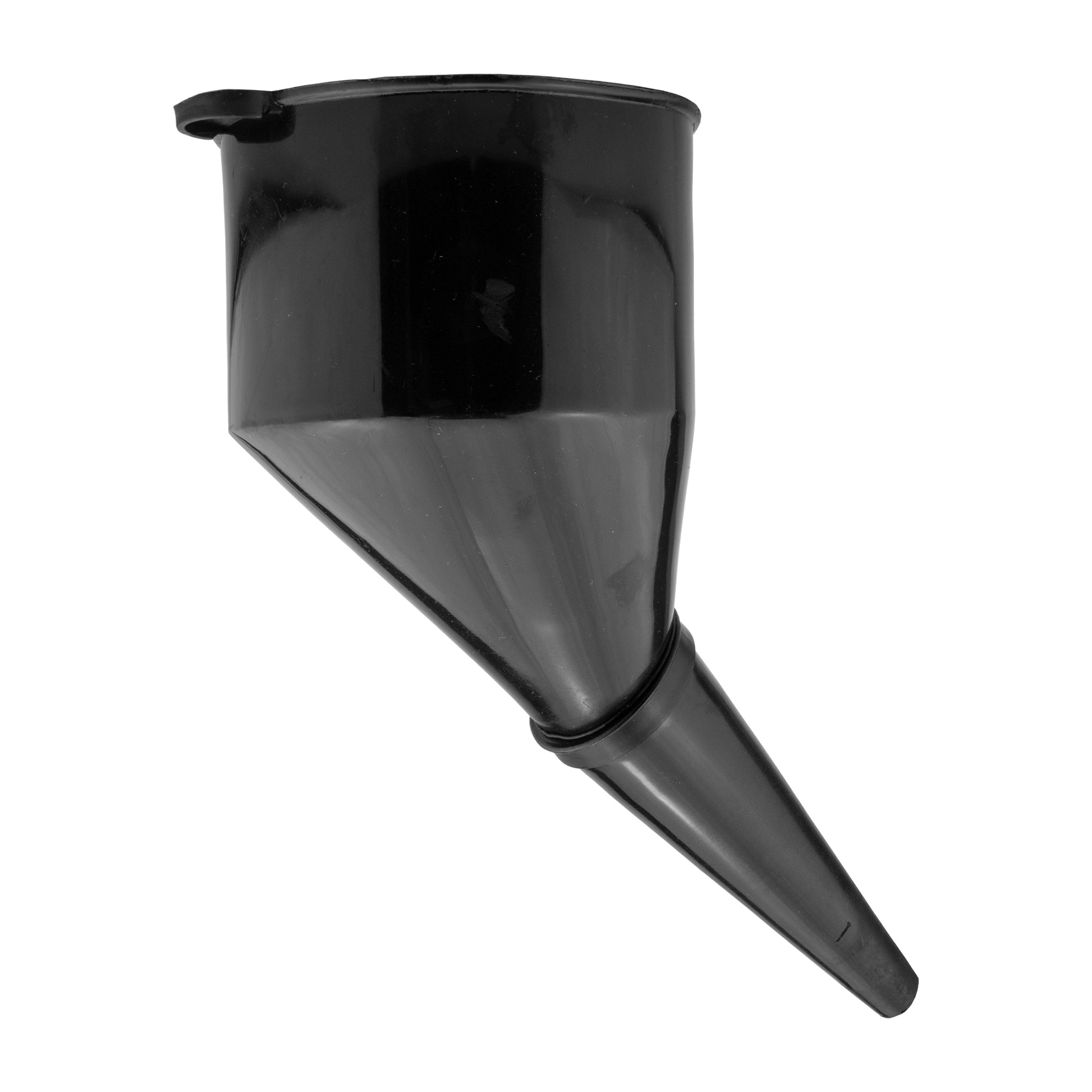 Close-up of angled funnel spout opening, dark black plastic