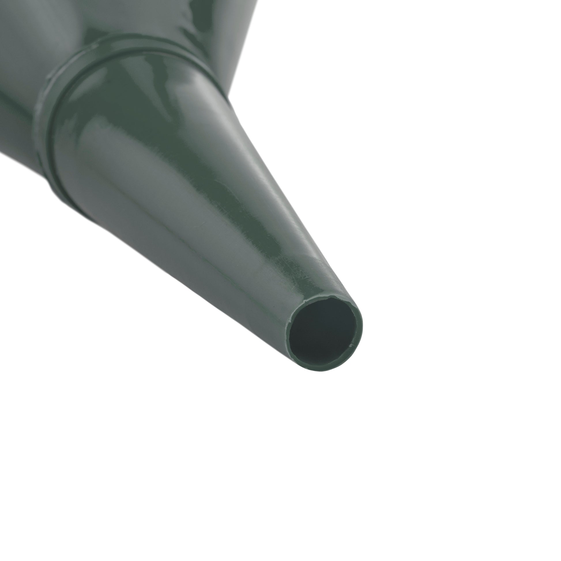 Close-up of grey funnel spout end, open tube tip