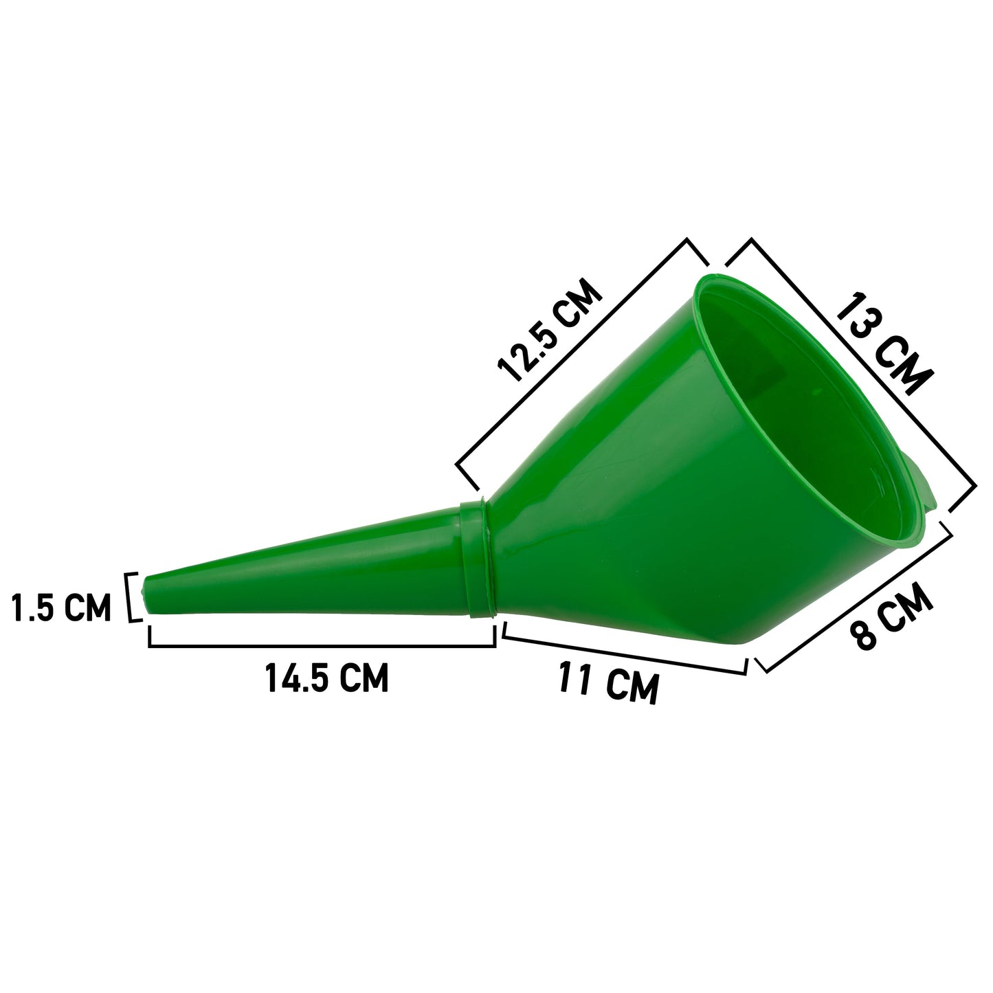 Green angled car fuel funnel with filter, size dimensions 14.5 cm and 13 cm