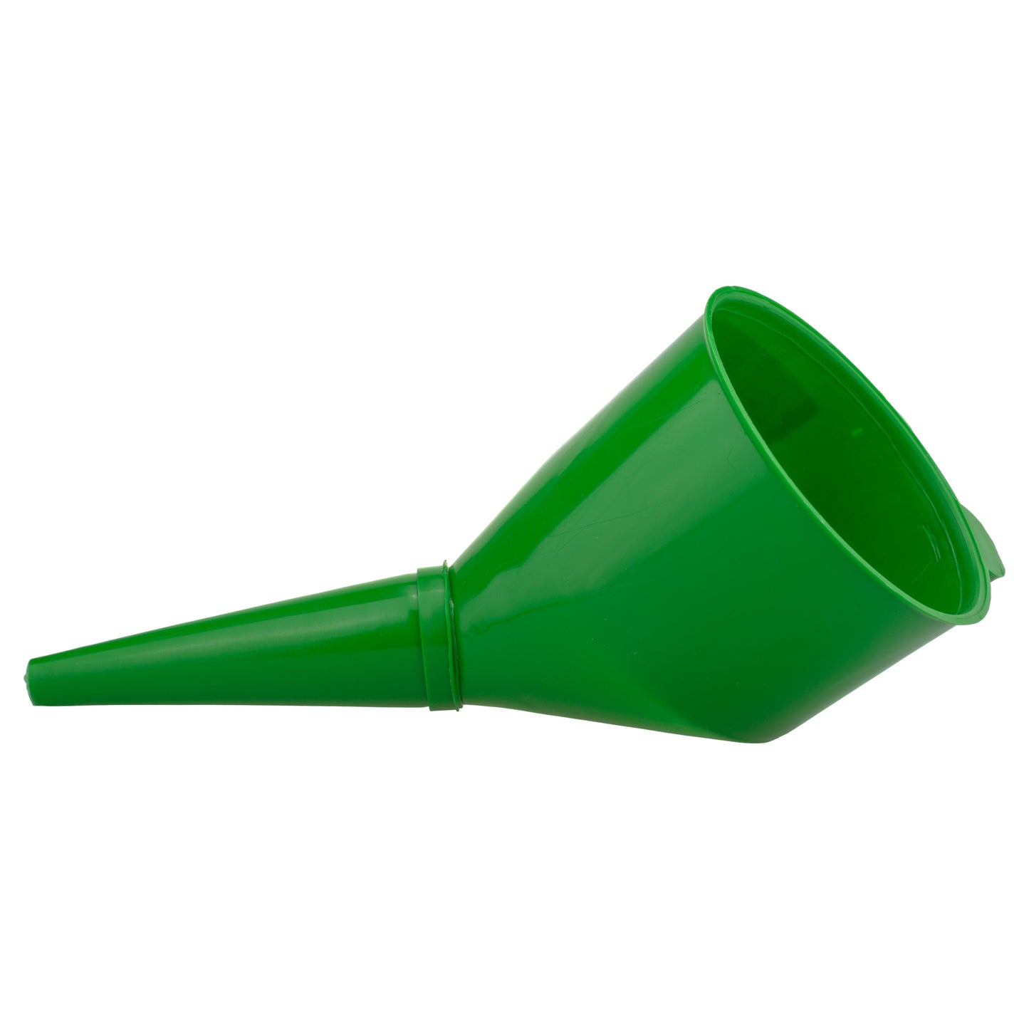 Green angled car fuel funnel with filter, side view