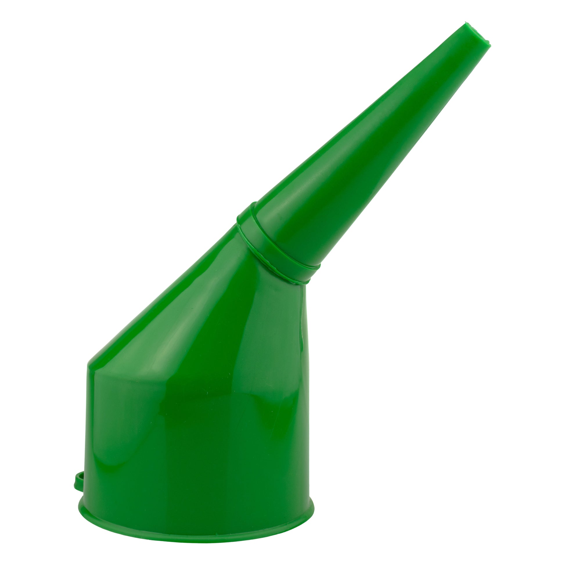 Green angled car fuel funnel with filter, wide top and curved spout