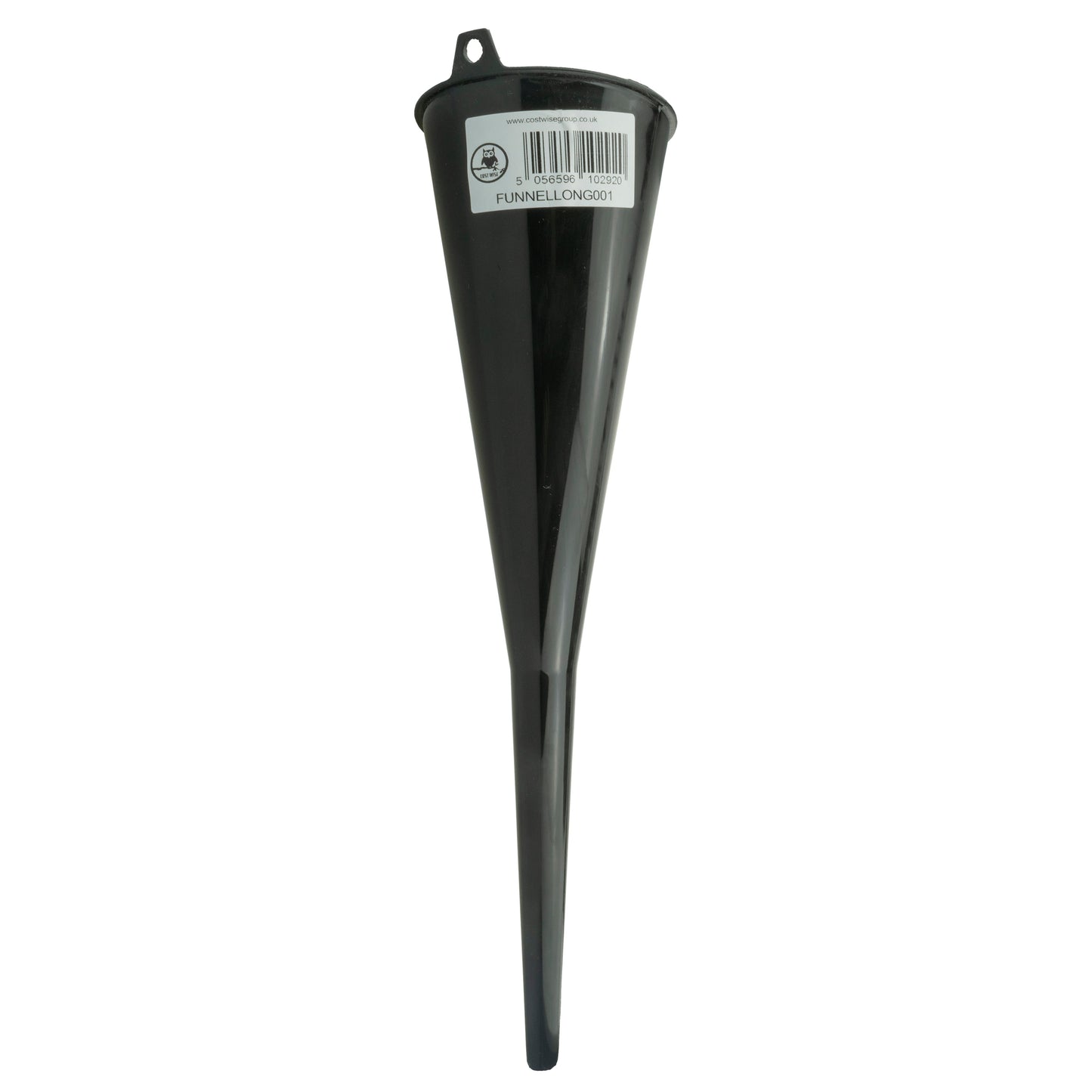 Long black funnel with mounting bracket and label, isolated on white