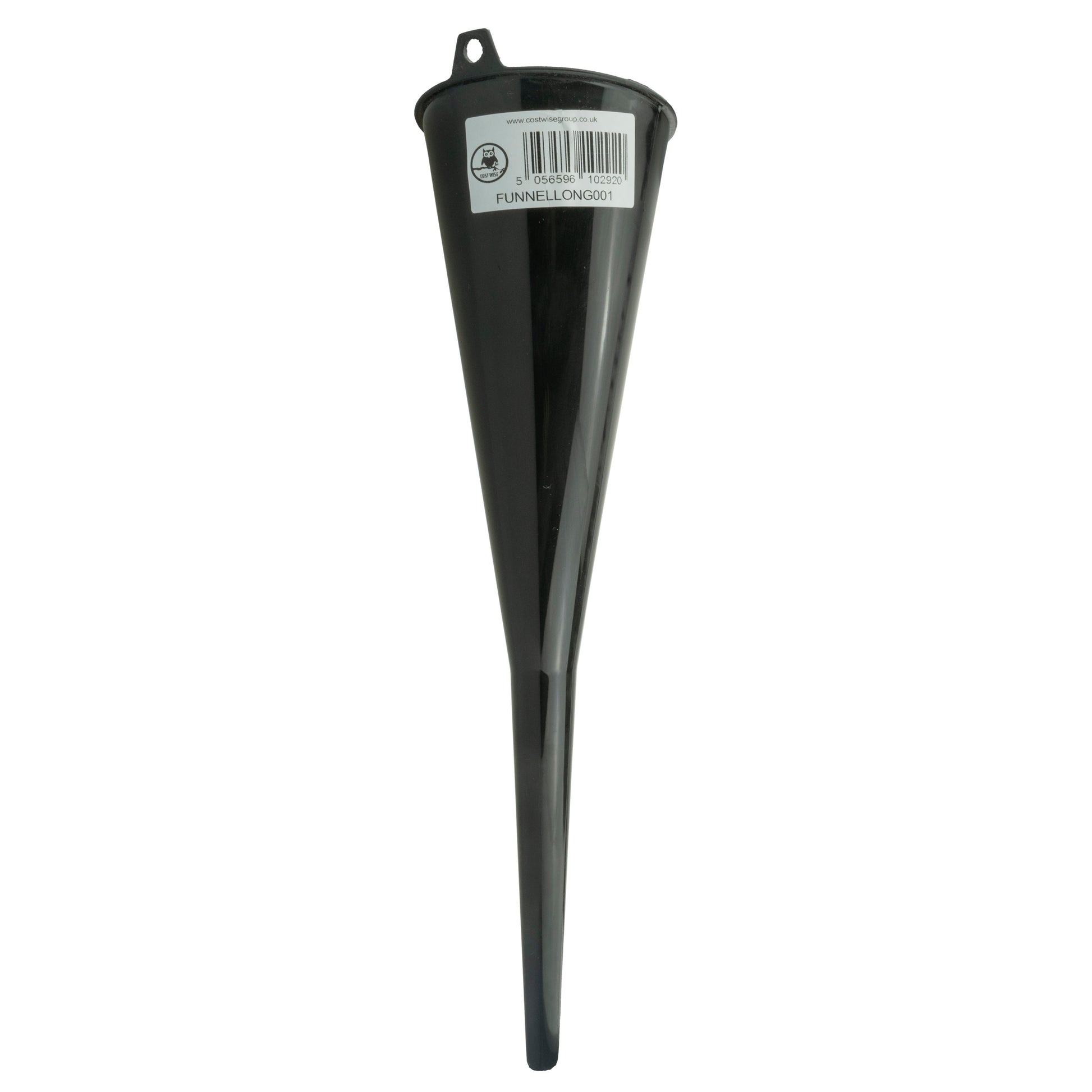Long black funnel with mounting bracket and label, isolated on white
