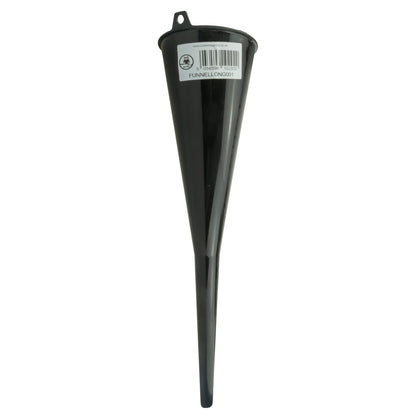 Long black funnel with mounting bracket and label, isolated on white