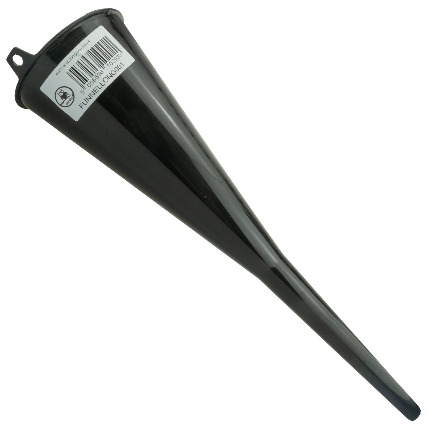 Long black funnel angled view with label and mounting hole